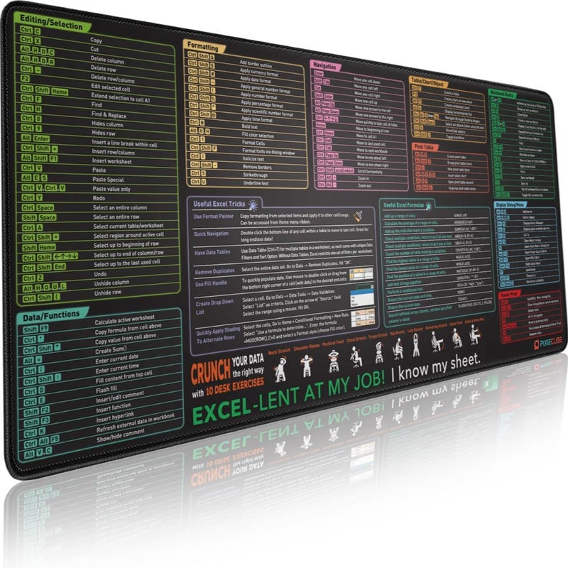 Pixiecube Excel Shortcut Keys Mouse Pad - Extended Large XXL Cheat Sheet Gaming Mousepad | PC Office Spreadsheet Keyboard Mat | Non-Slip Stitched Edge - Image 1